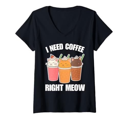 Damen I Need Coffee Right Meow Lustige Katze T-Shirt mit V-Ausschnitt Damen I Need Coffee Right Meow Lustige Katze T-Shirt mit V-Ausschnitt von Kawaii Coffee Cats Co.
