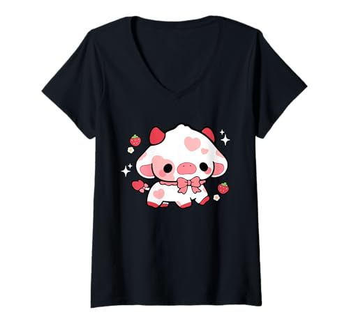 Damen Kawaii Kuh Erdbeere niedlich ästhetisch Anime Mädchen Teenager Kinder T-Shirt mit V-Ausschnitt Damen Kawaii Kuh Erdbeere niedlich ästhetisch Anime Mädchen Teenager Kinder T-Shirt mit V-Ausschnitt von Kawaii Cow Cute Strawberry aesthetic Anime Girls