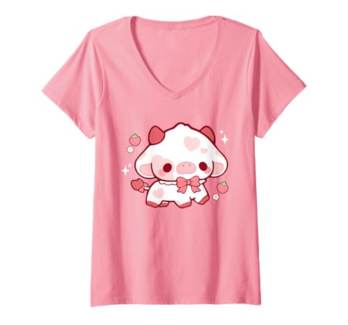 Damen Kawaii Kuh Erdbeere niedlich ästhetisch Anime Mädchen Teenager Kinder T-Shirt mit V-Ausschnitt Damen Kawaii Kuh Erdbeere niedlich ästhetisch Anime Mädchen Teenager Kinder T-Shirt mit V-Ausschnitt von Kawaii Cow Cute Strawberry aesthetic Anime Girls