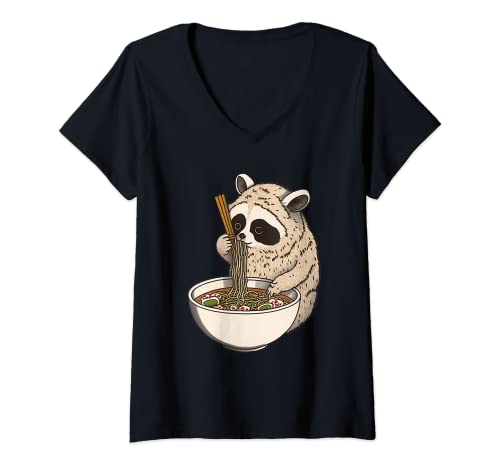 Damen Kawaii Japanische lustige Waschbär liebt Nudeln Ramen Schüssel T-Shirt mit V-Ausschnitt Damen Kawaii Japanische lustige Waschbär liebt Nudeln Ramen Schüssel T-Shirt mit V-Ausschnitt von Kawaii Cute Animals apparels