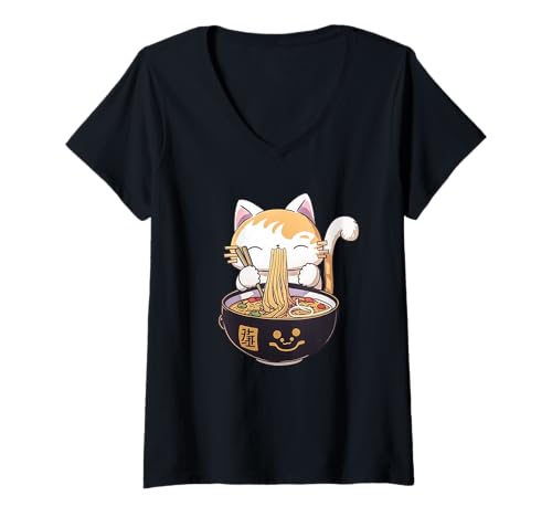 Damen Niedliche Sushi-Katze Kawaii Anime Neko Japanisch T-Shirt mit V-Ausschnitt Damen Niedliche Sushi-Katze Kawaii Anime Neko Japanisch T-Shirt mit V-Ausschnitt von Kawaii Cute Animals apparels