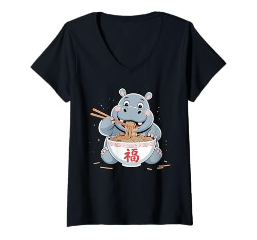 Damen Nilpferd Ramen Japanisch Lustig Japanisch Kawaii Anime T-Shirt mit V-Ausschnitt Damen Nilpferd Ramen Japanisch Lustig Japanisch Kawaii Anime T-Shirt mit V-Ausschnitt von Kawaii Cute Anime Hippopotamus Japanese Ramen