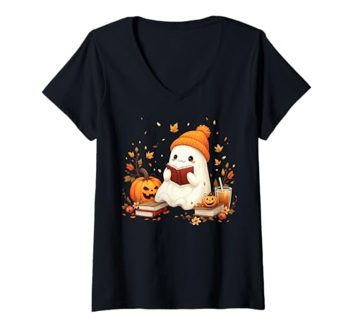 Damen Cute Ghost Reading Book Lovers Halloween Ghost Coffee Cozy T-Shirt mit V-Ausschnitt Damen Cute Ghost Reading Book Lovers Halloween Ghost Coffee Cozy T-Shirt mit V-Ausschnitt von Kawaii Cute Halloween Ghost Enjoying A Good Book