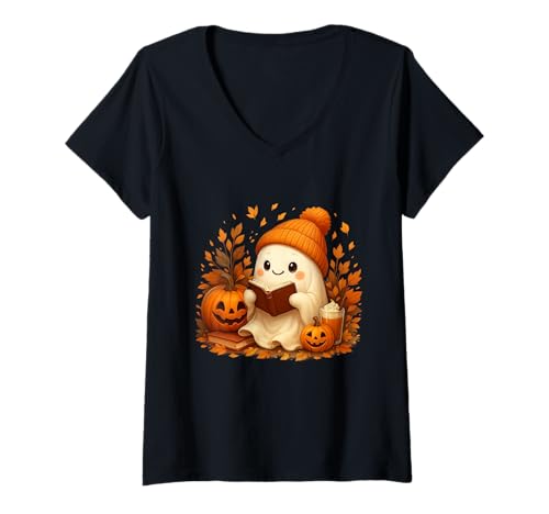 Damen Süße Geister Lesen Buchliebhaber Halloween Geist Kaffee T-Shirt mit V-Ausschnitt Damen Süße Geister Lesen Buchliebhaber Halloween Geist Kaffee T-Shirt mit V-Ausschnitt von Kawaii Cute Halloween Ghost Enjoying A Good Book