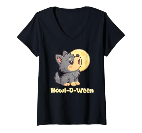 Damen Kawaii Welpe Wolf Heulender Mond Chibi Gruseliges Halloween T-Shirt mit V-Ausschnitt Damen Kawaii Welpe Wolf Heulender Mond Chibi Gruseliges Halloween T-Shirt mit V-Ausschnitt von Kawaii Cute Werewolf Puppy Halloween Design