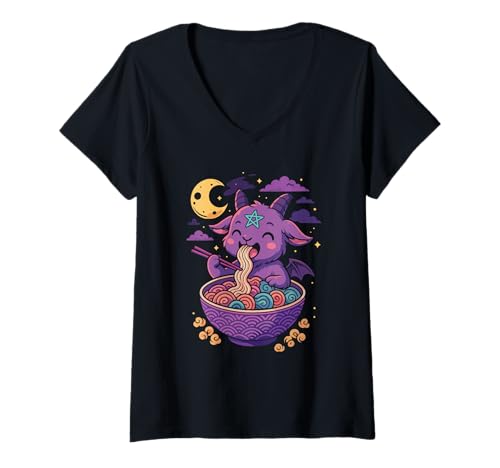 Damen Kawaii Dämon Ramen Nudeln Ziege Pentagramm Pastell Baphomet T-Shirt mit V-Ausschnitt Damen Kawaii Dämon Ramen Nudeln Ziege Pentagramm Pastell Baphomet T-Shirt mit V-Ausschnitt von Kawaii Demon Cute Goat Goth Merch