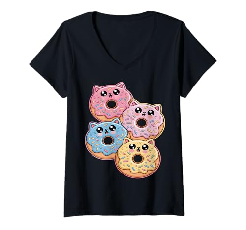 Damen Süße Kawaii Donut-Katzen T-Shirt mit V-Ausschnitt Damen Süße Kawaii Donut-Katzen T-Shirt mit V-Ausschnitt von Kawaii Dessert Cat Lovers