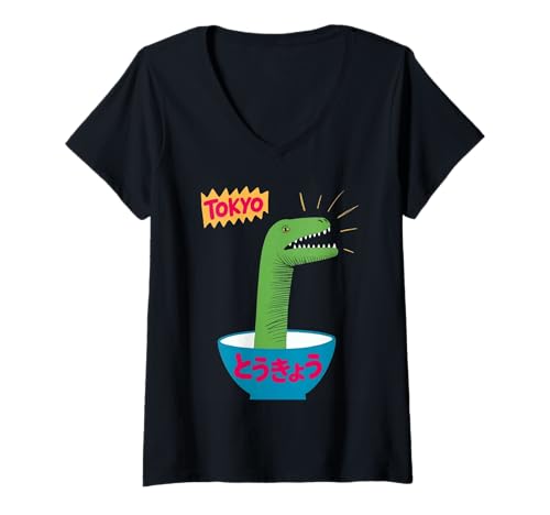 Damen Lustige Dinosaurier-Reisschale Tokyo Japan Pop Art Humor Damen Herren T-Shirt mit V-Ausschnitt Damen Lustige Dinosaurier-Reisschale Tokyo Japan Pop Art Humor Damen Herren T-Shirt mit V-Ausschnitt von Kawaii Dino Noodle Bowl Tokyo Japan Cute Food