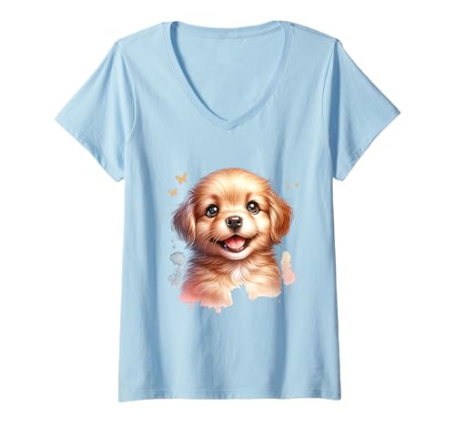 Damen Kawaii Welpe Hund Cartoon Design für Hundeliebhaber T-Shirt mit V-Ausschnitt von Kawaii Dog Design for Kids and Pet Lovers