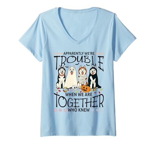 Damen Apparently We're Trouble Together, lustiger Hund, Halloween-Stil T-Shirt mit V-Ausschnitt Damen Apparently We're Trouble Together, lustiger Hund, Halloween-Stil T-Shirt mit V-Ausschnitt von Kawaii Dog Lovers