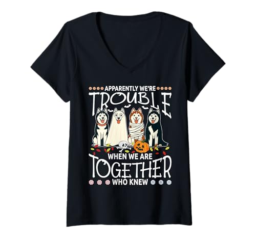 Damen Apparently We're Trouble Together, lustiger Hund, Halloween-Stil T-Shirt mit V-Ausschnitt Damen Apparently We're Trouble Together, lustiger Hund, Halloween-Stil T-Shirt mit V-Ausschnitt von Kawaii Dog Lovers