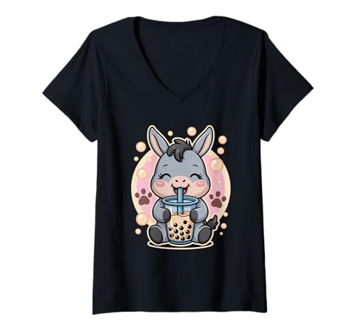 Damen Donkey Boba Tea Bubble Tea Anime Kawaii T-Shirt mit V-Ausschnitt Damen Donkey Boba Tea Bubble Tea Anime Kawaii T-Shirt mit V-Ausschnitt von Kawaii Donkey Bubble Tea Anime Cute Animal Boba