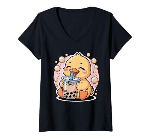 Damen Duck Boba Tea Bubble Tea Anime Kawaii T-Shirt mit V-Ausschnitt Damen Duck Boba Tea Bubble Tea Anime Kawaii T-Shirt mit V-Ausschnitt von Kawaii Duck Bubble Tea Anime Cute Animal Boba
