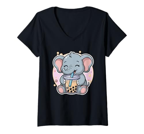 Damen Elephant Boba Tea Bubble Tea Anime Kawaii T-Shirt mit V-Ausschnitt Damen Elephant Boba Tea Bubble Tea Anime Kawaii T-Shirt mit V-Ausschnitt von Kawaii Elephant Bubble Tea Anime Cute Animal Boba