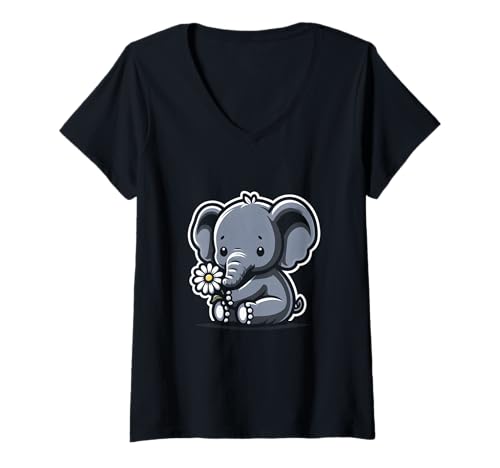 Damen Niedlicher Kawaii-Meme-Elefant, sitzend, Gänseblümchen, Wildtier T-Shirt mit V-Ausschnitt Damen Niedlicher Kawaii-Meme-Elefant, sitzend, Gänseblümchen, Wildtier T-Shirt mit V-Ausschnitt von Kawaii Elephant Sitting Daisy Flower Wild 0