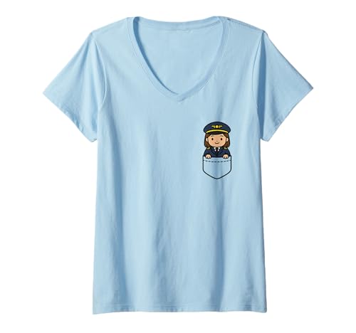 Damen Süße Kawaii weibliche Fluggesellschaft Pilot Pocket Cartoon Luftfahrt T-Shirt mit V-Ausschnitt Damen Süße Kawaii weibliche Fluggesellschaft Pilot Pocket Cartoon Luftfahrt T-Shirt mit V-Ausschnitt von Kawaii Female Pilot Pocket Aviation Cartoon