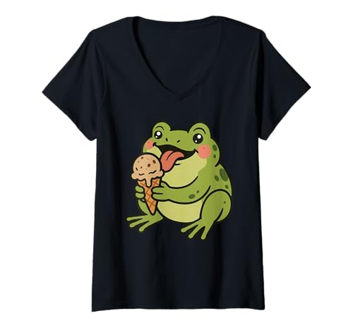 Damen Kawaii Frog Eating Ice Cream T-Shirt mit V-Ausschnitt Damen Kawaii Frog Eating Ice Cream T-Shirt mit V-Ausschnitt von Kawaii Frog Eating Ice Cream Food Lover Apparel