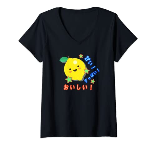 Damen Kawaii Zitrone Japanisch Kanji Sommer Niedlich Ästhetik T-Shirt mit V-Ausschnitt Damen Kawaii Zitrone Japanisch Kanji Sommer Niedlich Ästhetik T-Shirt mit V-Ausschnitt von Kawaii Fruit Harajuku Japan Anime Gifts & Apparel