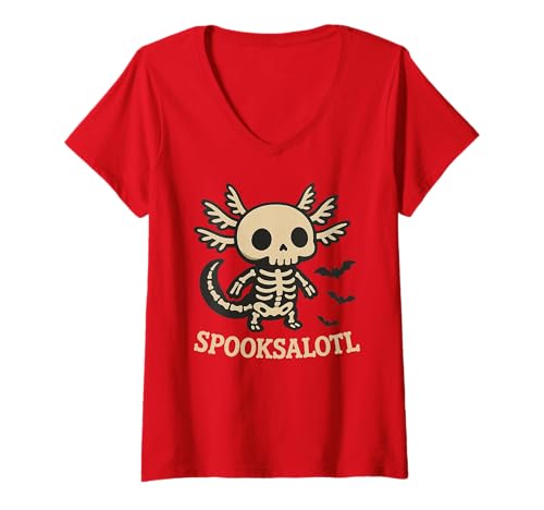 Damen Funny Spooksalotl Skeleton Axolotl Halloween Cute Animal T-Shirt mit V-Ausschnitt Damen Funny Spooksalotl Skeleton Axolotl Halloween Cute Animal T-Shirt mit V-Ausschnitt von Kawaii Funny Ghost Pumpkin Trick Or Treat Costume