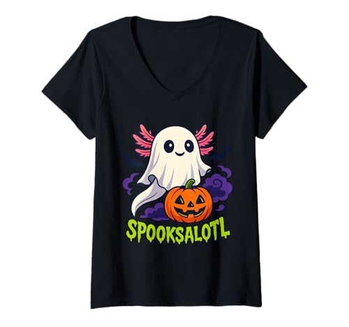 Damen Men Women Kids Spooksalotl Funny Animal Axolotl Halloween T-Shirt mit V-Ausschnitt Damen Men Women Kids Spooksalotl Funny Animal Axolotl Halloween T-Shirt mit V-Ausschnitt von Kawaii Funny Ghost Pumpkin Trick Or Treat Costume
