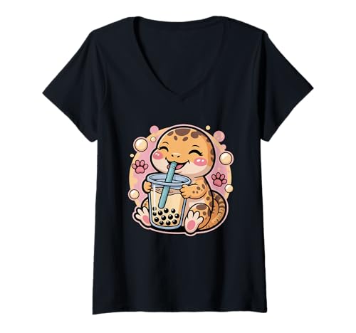 Damen Gecko Boba Tea Bubble Tea Anime Kawaii T-Shirt mit V-Ausschnitt Damen Gecko Boba Tea Bubble Tea Anime Kawaii T-Shirt mit V-Ausschnitt von Kawaii Gecko Bubble Tea Anime Cute Reptile Boba