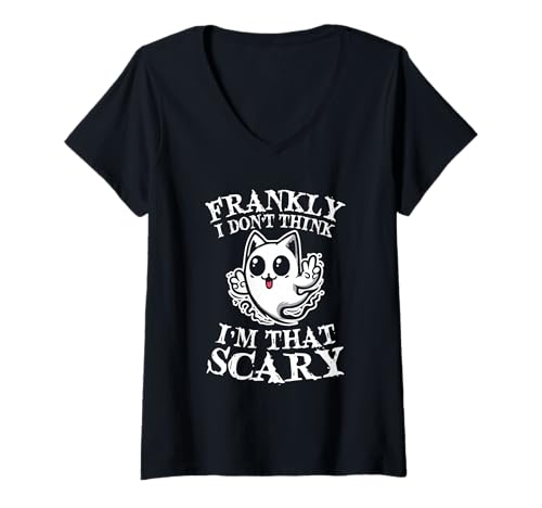 Damen Frankly I Dont Think I'm That Scary Cute Ghost Cat Halloween T-Shirt mit V-Ausschnitt Damen Frankly I Dont Think I'm That Scary Cute Ghost Cat Halloween T-Shirt mit V-Ausschnitt von Kawaii Ghost Cat Spooky Halloween Humor Phrase