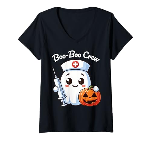 Damen Süße Geister-Kinderkrankenschwester Kawaii Halloween Kürbis T-Shirt mit V-Ausschnitt Damen Süße Geister-Kinderkrankenschwester Kawaii Halloween Kürbis T-Shirt mit V-Ausschnitt von Kawaii Ghost Nurse Halloween Pediatric Boo Crew