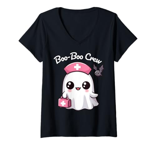Damen Süße Geister-Kinderkrankenschwester Kawaii Halloween T-Shirt mit V-Ausschnitt Damen Süße Geister-Kinderkrankenschwester Kawaii Halloween T-Shirt mit V-Ausschnitt von Kawaii Ghost Nurse Halloween Pediatric Boo Crew