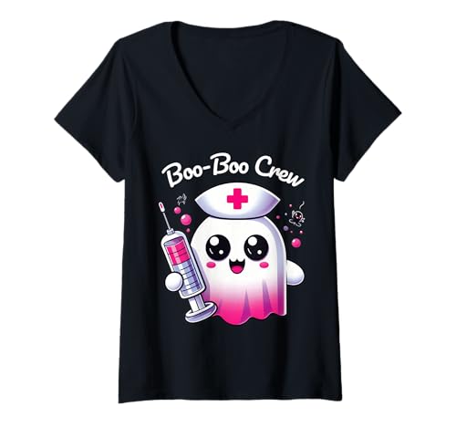 Damen Süße Geister-Kinderkrankenschwester Kawaii Halloween T-Shirt mit V-Ausschnitt Damen Süße Geister-Kinderkrankenschwester Kawaii Halloween T-Shirt mit V-Ausschnitt von Kawaii Ghost Nurse Halloween Pediatric Boo Crew