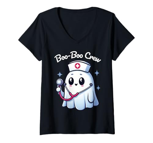 Damen Süße Geister-Kinderkrankenschwester Kawaii Halloween T-Shirt mit V-Ausschnitt Damen Süße Geister-Kinderkrankenschwester Kawaii Halloween T-Shirt mit V-Ausschnitt von Kawaii Ghost Nurse Halloween Pediatric Boo Crew