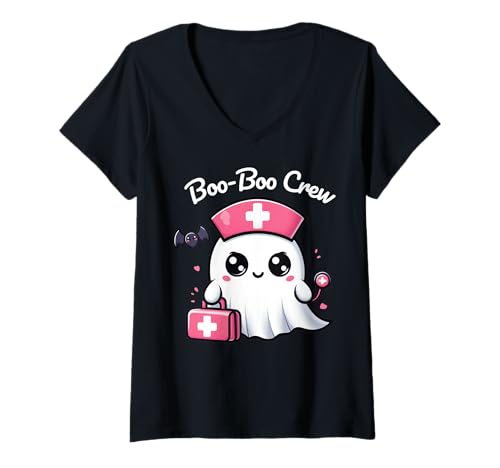 Damen Süße Geister-Kinderkrankenschwester Kawaii Halloween T-Shirt mit V-Ausschnitt Damen Süße Geister-Kinderkrankenschwester Kawaii Halloween T-Shirt mit V-Ausschnitt von Kawaii Ghost Nurse Halloween Pediatric Boo Crew