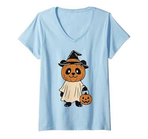 Damen Retro Hexe Kürbis Panda Gruseliges Halloween T-Shirt mit V-Ausschnitt Damen Retro Hexe Kürbis Panda Gruseliges Halloween T-Shirt mit V-Ausschnitt von Kawaii Ghost Panda Trick or Treat Witchy Design