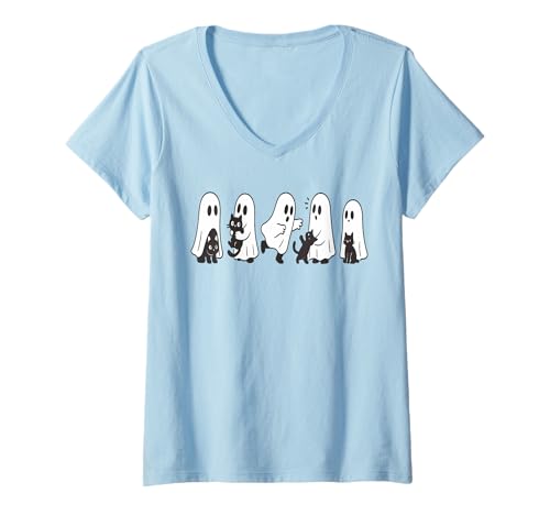 Damen Gruselige Geister- und Katzengeschichte Lustiges Halloween T-Shirt mit V-Ausschnitt Damen Gruselige Geister- und Katzengeschichte Lustiges Halloween T-Shirt mit V-Ausschnitt von Kawaii Ghosts Cats Lover Halloween Costumes