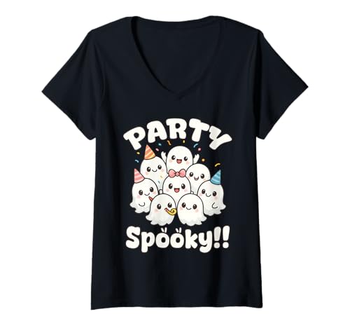 Damen Party Gruselige Party Geister Kawaii Halloween T-Shirt mit V-Ausschnitt von Kawaii Ghosts Squad Halloween Costume Design