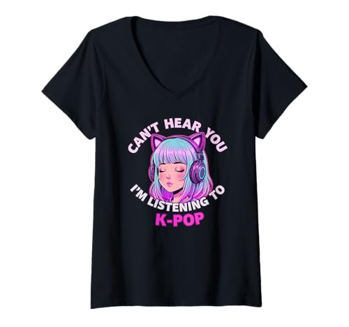 Damen Girls Korean Pop Shirt Can't Hear You I'm Listening to Kpop T-Shirt mit V-Ausschnitt Damen Girls Korean Pop Shirt Can't Hear You I'm Listening to Kpop T-Shirt mit V-Ausschnitt von Kawaii Girl Funny Kpop Tees for Teen