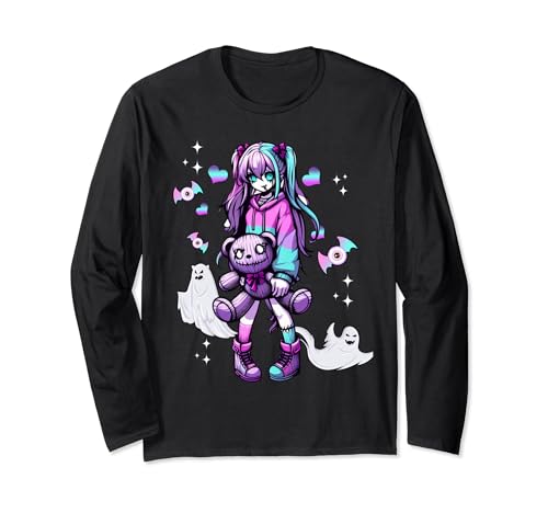 Pastell Goth Anime Mädchen mit Teddybär Gothic Menhera Langarmshirt von Kawaii Goth Anime Teddy Bear Apparel For Girls