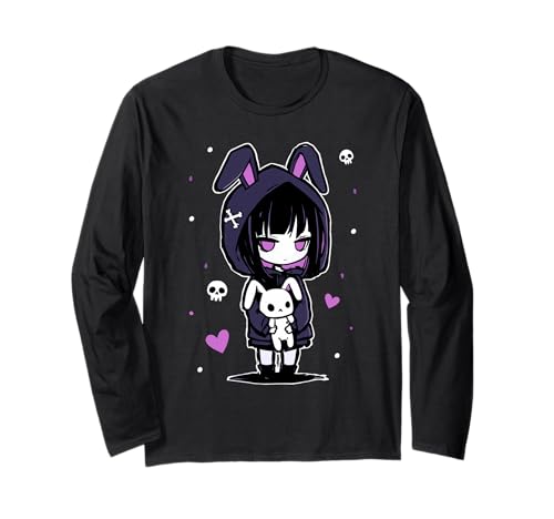 Creepy Cute Pastel Goth Girl with Hoodie and Plush Bunny Langarmshirt von Kawaii Goth Pastel Emo Creepy Cute Bunny Outfits