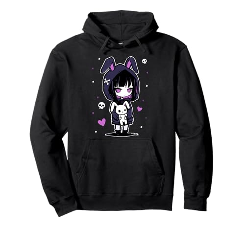 Creepy Cute Pastel Goth Girl with Hoodie and Plush Bunny Pullover Hoodie von Kawaii Goth Pastel Emo Creepy Cute Bunny Outfits