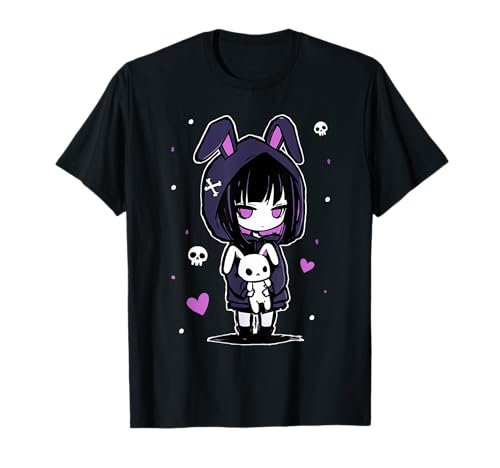 Creepy Cute Pastel Goth Girl with Hoodie and Plush Bunny T-Shirt von Kawaii Goth Pastel Emo Creepy Cute Bunny Outfits