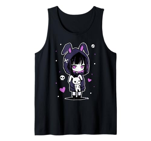 Creepy Cute Pastel Goth Girl with Hoodie and Plush Bunny Tank Top von Kawaii Goth Pastel Emo Creepy Cute Bunny Outfits