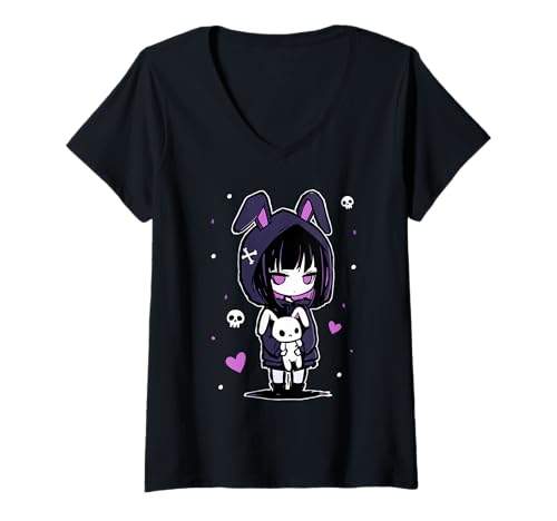 Damen Creepy Cute Pastel Goth Girl with Hoodie and Plush Bunny T-Shirt mit V-Ausschnitt von Kawaii Goth Pastel Emo Creepy Cute Bunny Outfits