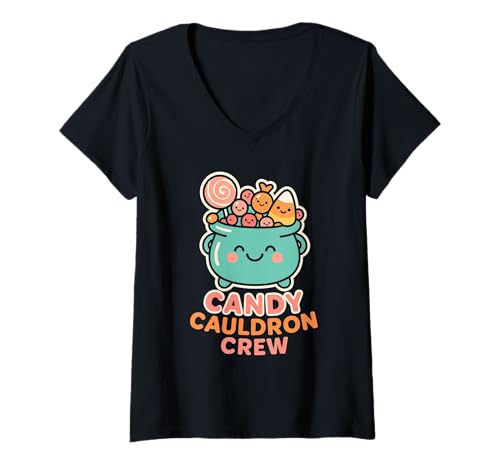 Damen Candy Cauldron Crew Süße Halloween-Süßigkeiten T-Shirt mit V-Ausschnitt Damen Candy Cauldron Crew Süße Halloween-Süßigkeiten T-Shirt mit V-Ausschnitt von Kawaii Halloween Candy Squad