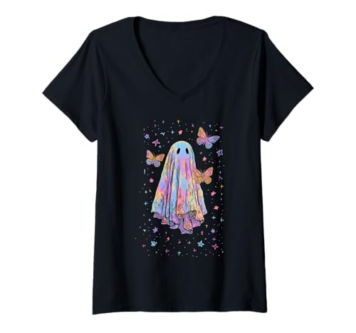 Damen Kawaii Pastell Y2K Geist und Schmetterlinge T-Shirt mit V-Ausschnitt Damen Kawaii Pastell Y2K Geist und Schmetterlinge T-Shirt mit V-Ausschnitt von Kawaii Halloween Fashion