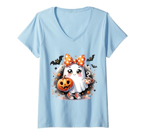 Damen Kawaii Halloween Geist Kürbis Schleife Süß T-Shirt mit V-Ausschnitt Damen Kawaii Halloween Geist Kürbis Schleife Süß T-Shirt mit V-Ausschnitt von Kawaii Halloween Kollektion