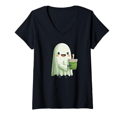 Damen Kawaii -Stil Halloween Matcha T-Shirt mit V-Ausschnitt Damen Kawaii -Stil Halloween Matcha T-Shirt mit V-Ausschnitt von Kawaii Halloween Lazy Costumes Co.