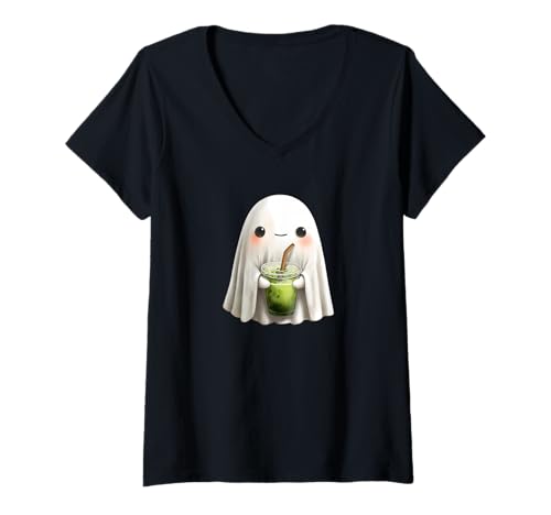Damen Kawaii -Stil Halloween Matcha T-Shirt mit V-Ausschnitt von Kawaii Halloween Lazy Costumes Co.