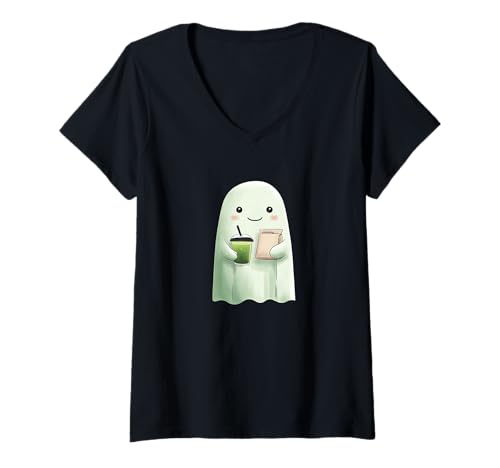 Damen Kawaii -Stil Halloween Matcha T-Shirt mit V-Ausschnitt Damen Kawaii -Stil Halloween Matcha T-Shirt mit V-Ausschnitt von Kawaii Halloween Lazy Costumes Co.