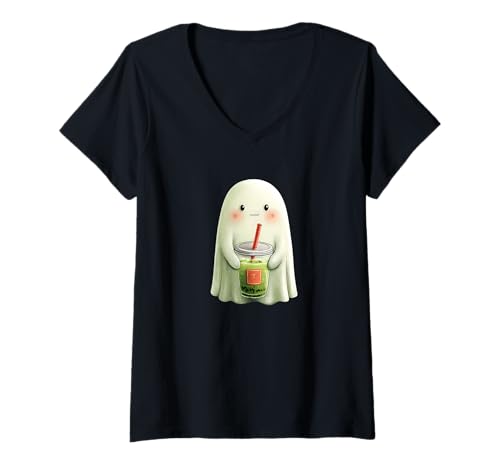 Damen Kawaii -Stil Halloween Matcha T-Shirt mit V-Ausschnitt Damen Kawaii -Stil Halloween Matcha T-Shirt mit V-Ausschnitt von Kawaii Halloween Lazy Costumes Co.