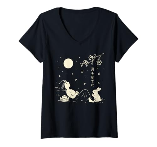 Damen Girl & Rabbit Vollmond Kirschblüte Japanischer Harajuku T-Shirt mit V-Ausschnitt von Kawaii Harajuku Anime Rabbit Japanese Otaku