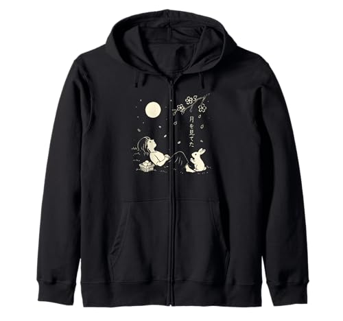 Girl & Rabbit Vollmond Kirschblüte Japanischer Harajuku Kapuzenjacke von Kawaii Harajuku Anime Rabbit Japanese Otaku